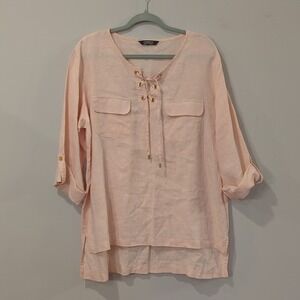 Ellen‎ Tracy 100% Linen Tunic Top Peach Tie Front Roll Tab size 2X
